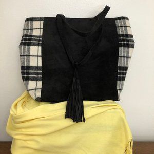 Black and White Faux-Suede Cato Tote Bag